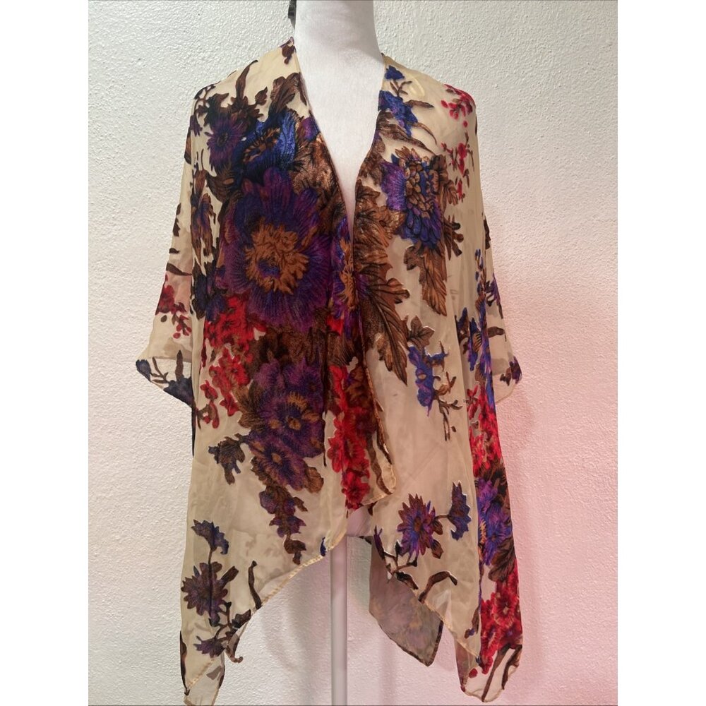 Woven Heart Vibrant Floral Kimono Cardigan 1 Size Flowy Draped Boho Burnt Velvet